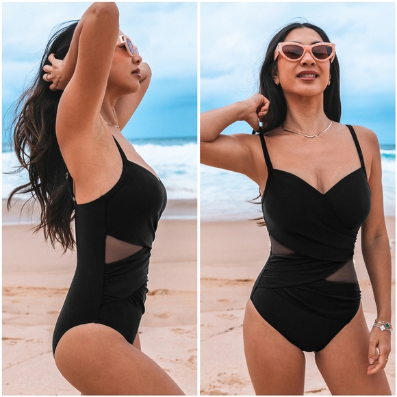 NWT Cupshe Black Mesh Bandage V Ruched Cut Out One Piece Swimsuit Bathing Suit M - Picture 2 of 9